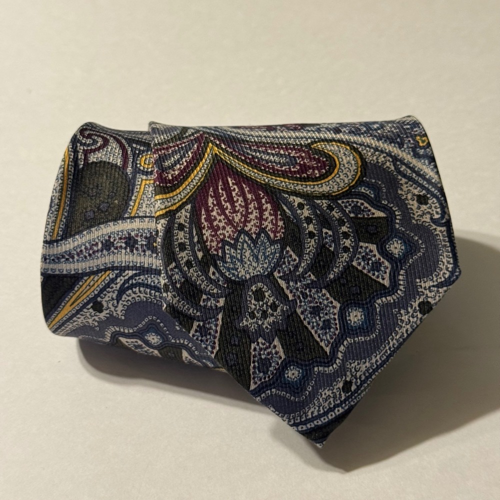 Hunting Horn J Riggings Mens Silk Paisley Tie Blue Burgundy Gold Made in USA